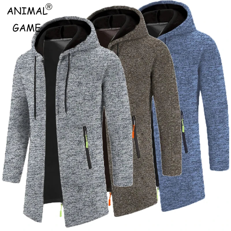 Men's long textured hooded jacket with full zip fastening and zipped pockets