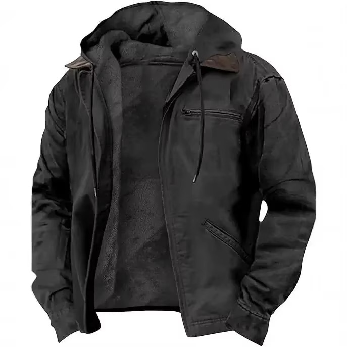 Men's hooded workwear jacket with zip front and utility pockets