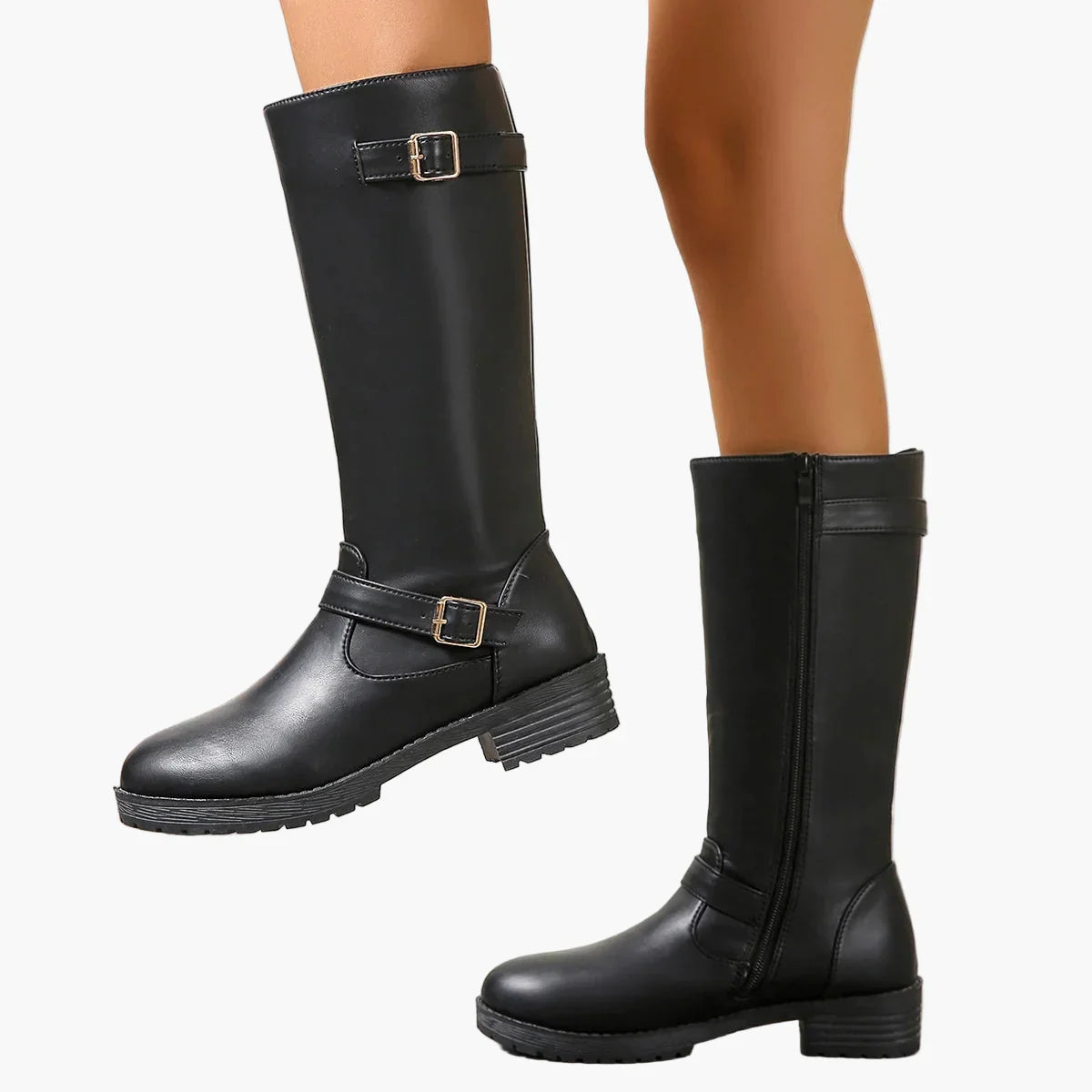 Women's black knee high boots with buckles and low heel