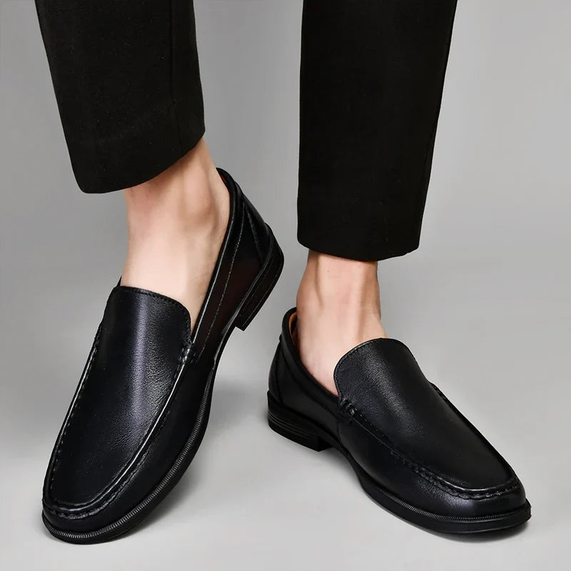 Men's slip-on moc toe loafers in black and brown