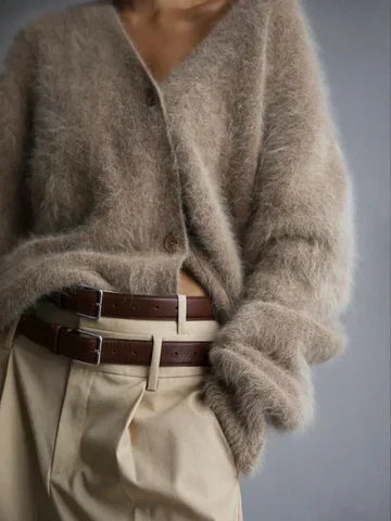 Women's oversized fuzzy V-neck cardigan with long sleeves and button front