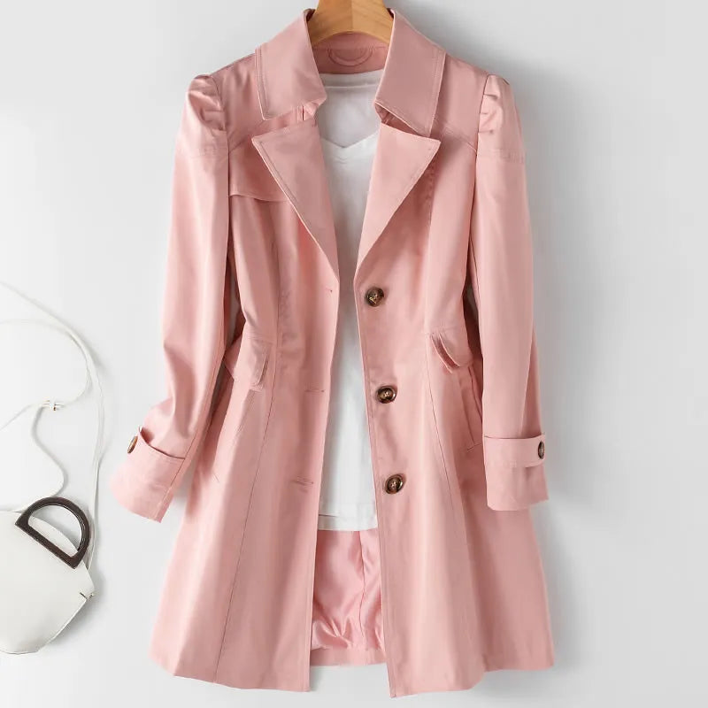 Women's double-breasted trench coat with notched lapels and long sleeves