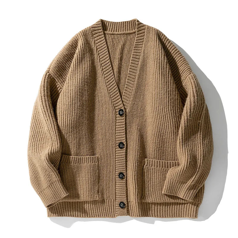 Women's oversized ribbed V-neck cardigan with buttons and patch pockets