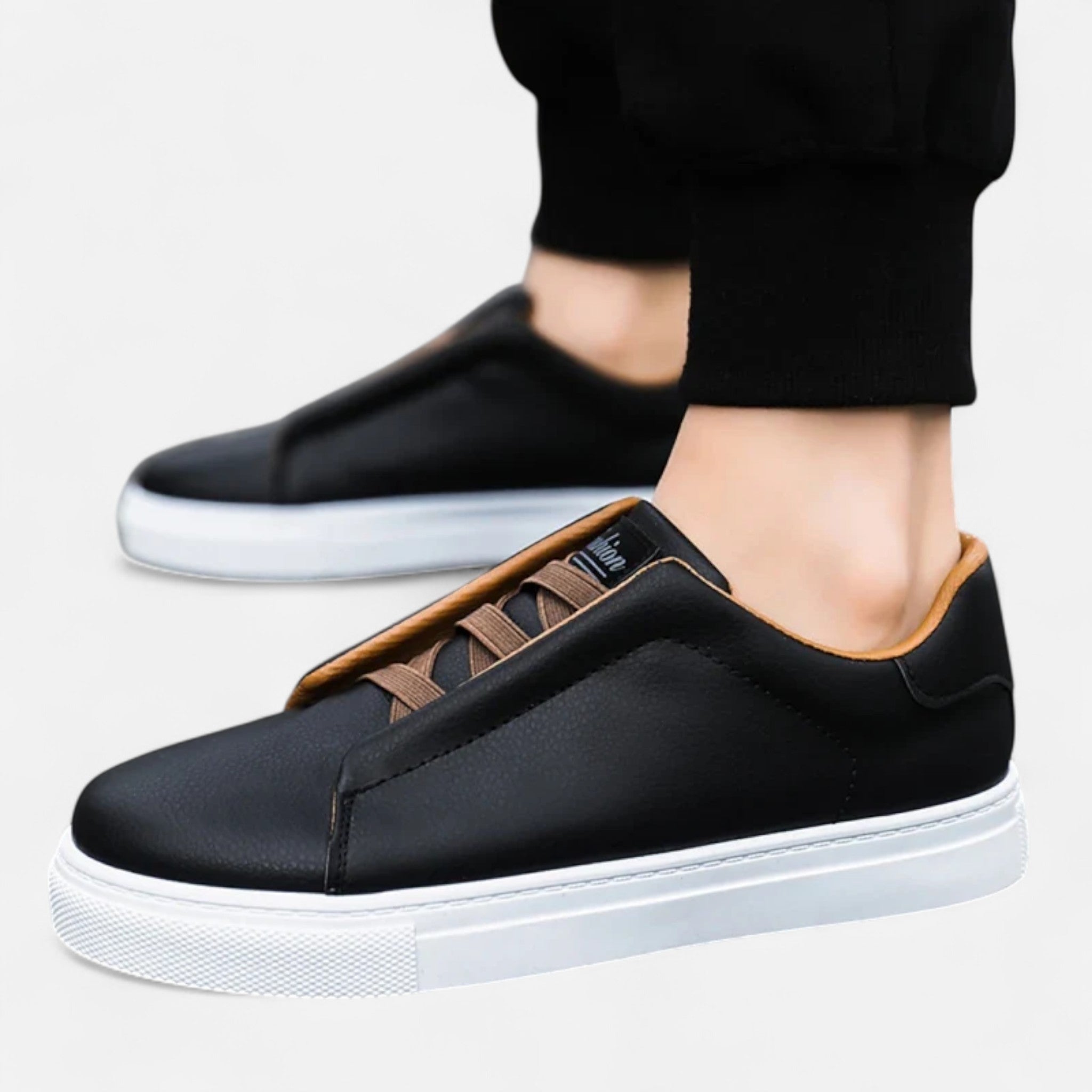 Men's low-top lace-up sneakers with panelled upper and flat white sole