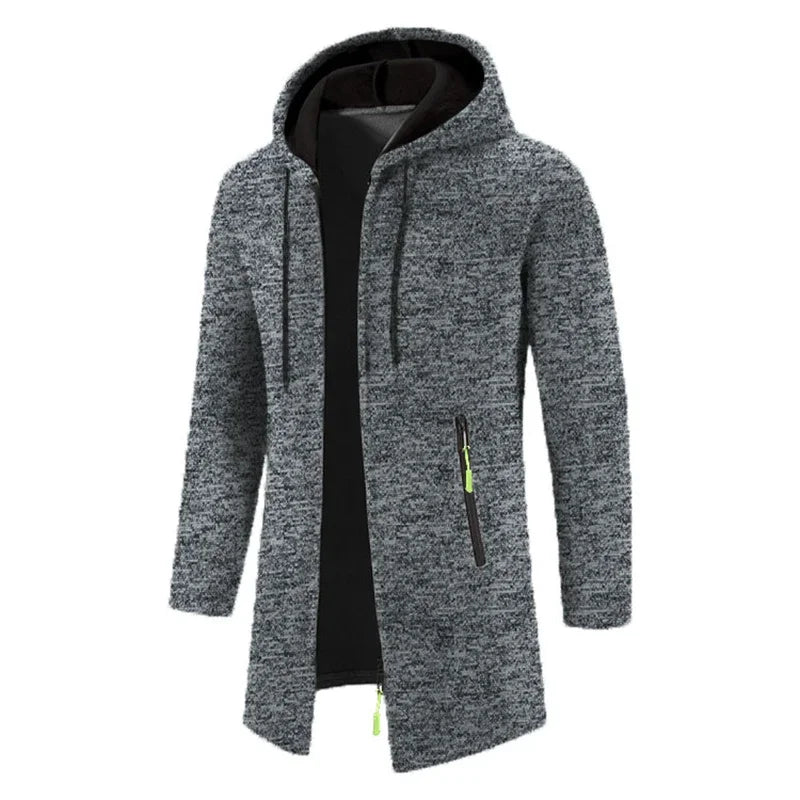 Men's long textured hooded jacket with full zip fastening and zipped pockets