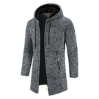 Men's long textured hooded jacket with full zip fastening and zipped pockets