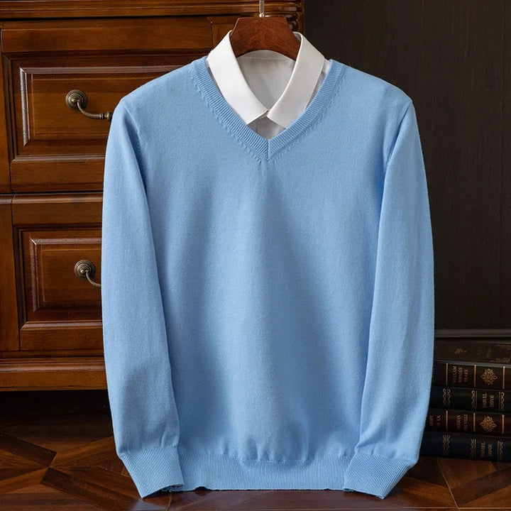 Unisex long-sleeve V-neck jumper with ribbed trims