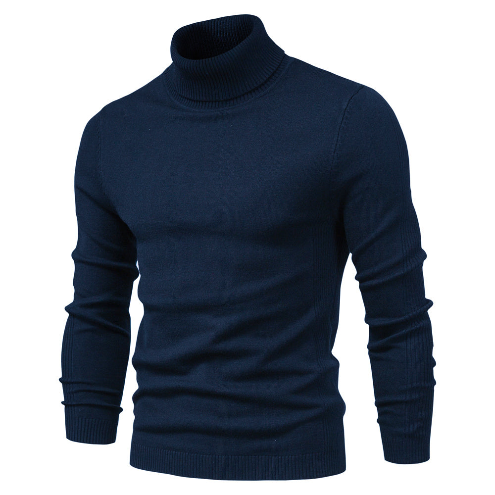 Men's long-sleeve turtleneck sweater with ribbed collar, cuffs and hem