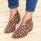 Women's leopard print ankle boots with side zipper and low block heel