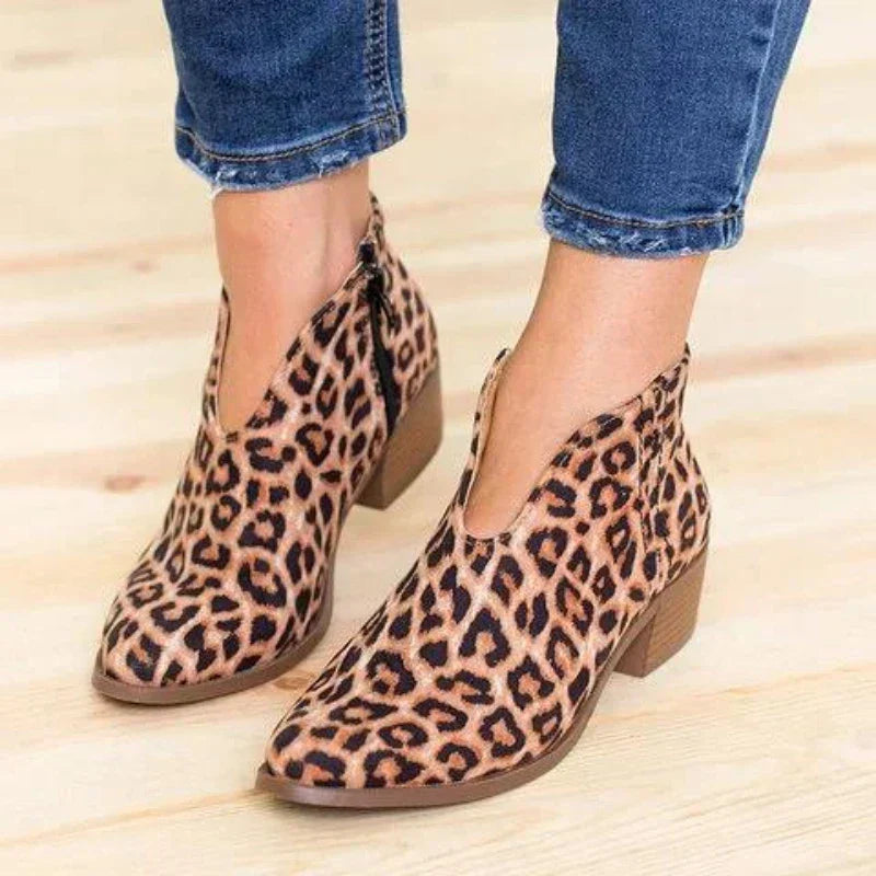 Women's leopard print ankle boots with side zipper and low block heel
