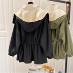 Women's hooded windbreaker jacket with contrast panels and drawstrings
