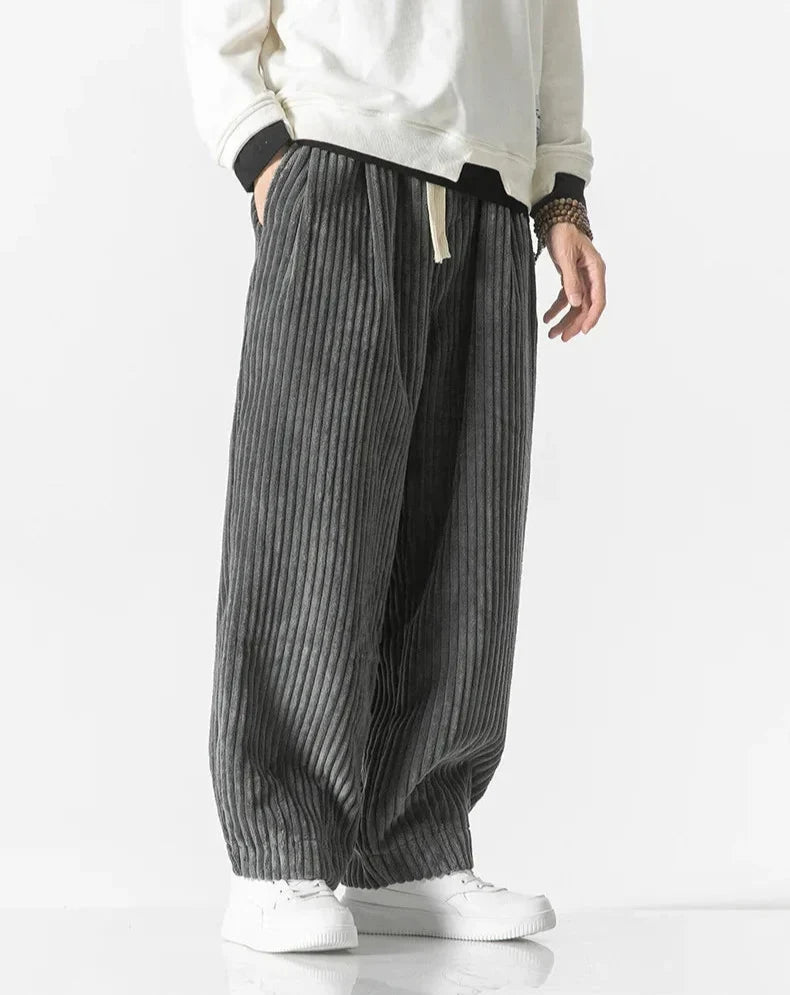 Men's wide-leg ribbed corduroy trousers with drawstring waist