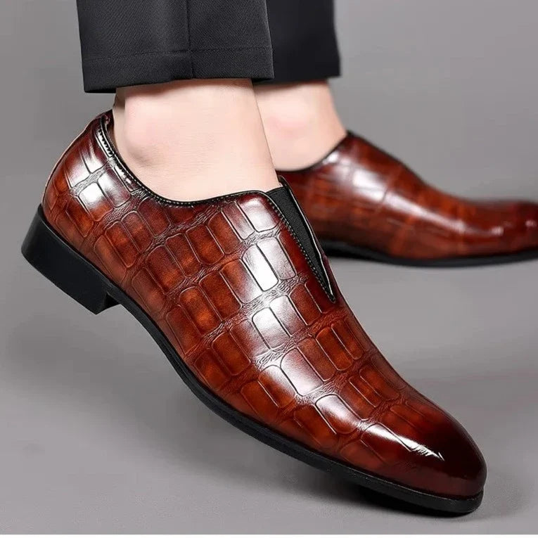 Men's glossy crocodile-effect slip-on loafers with a rounded toe and low block heel