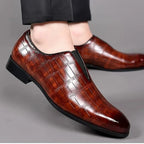 Men's glossy crocodile-effect slip-on loafers with a rounded toe and low block heel