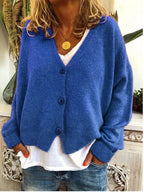 Women's plain knit V-neck cardigan with long sleeves and button fastening