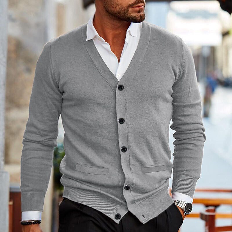 Men's plain V-neck cardigan with buttons and long sleeves