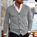 Men's plain V-neck cardigan with buttons and long sleeves