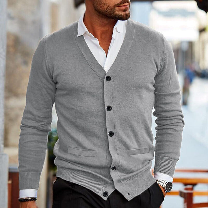 Men's plain V-neck cardigan with buttons and long sleeves