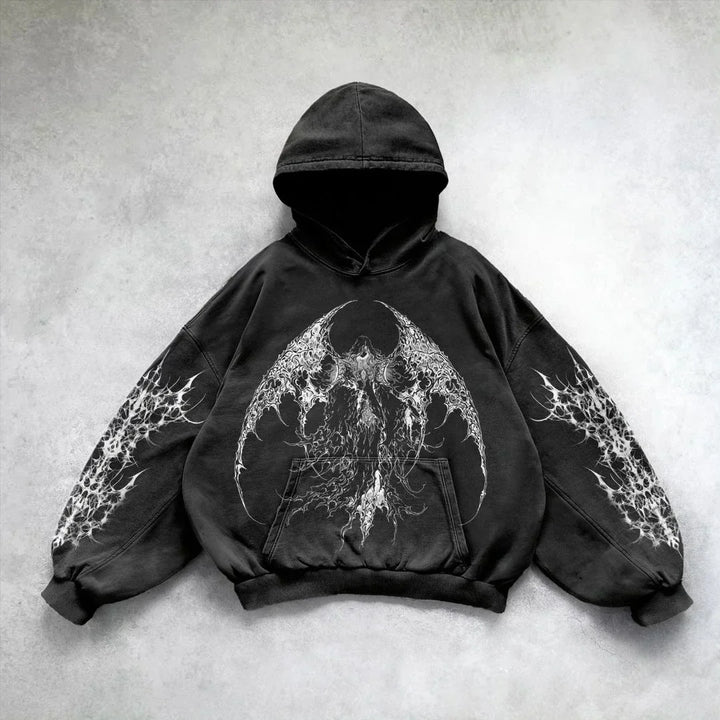 Black washed hoodie with graphic front and sleeve prints
