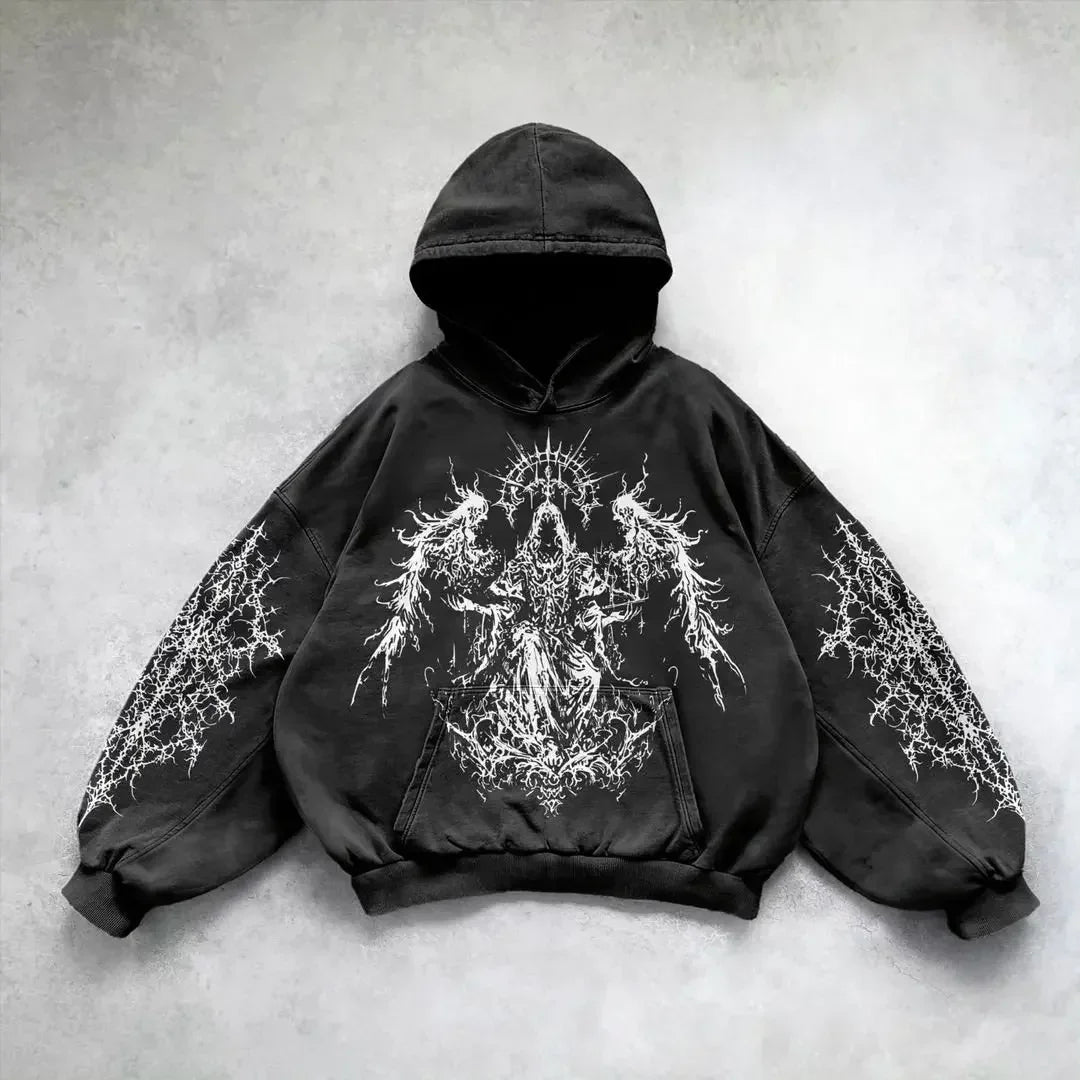 Black washed hoodie with graphic front and sleeve prints