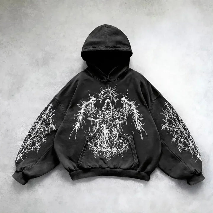 Black washed hoodie with graphic front and sleeve prints