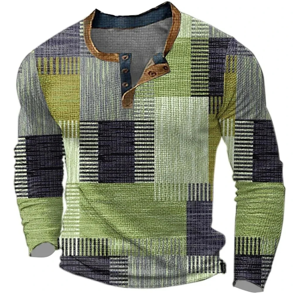 Men's multicolour patchwork shirt with stand collar and long sleeves