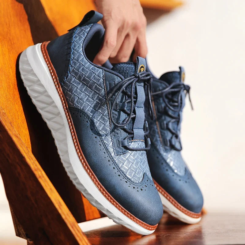 Textured lace-up sneakers with rounded toe and contrast sole trim