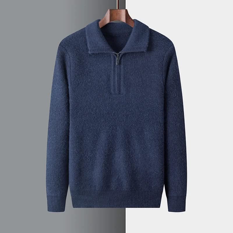 Men's plain quarter zip sweater with knitted collar and ribbed trims