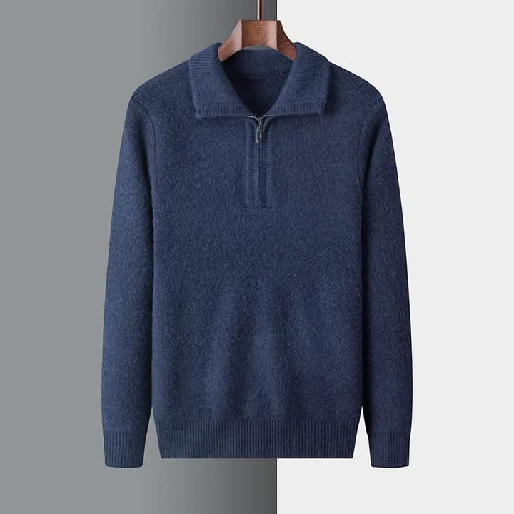 Men's plain quarter zip sweater with knitted collar and ribbed trims