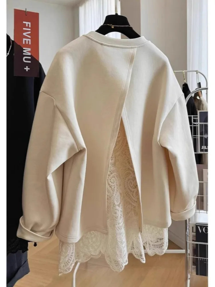 Women's crew-neck sweatshirt with open back and scalloped lace hem