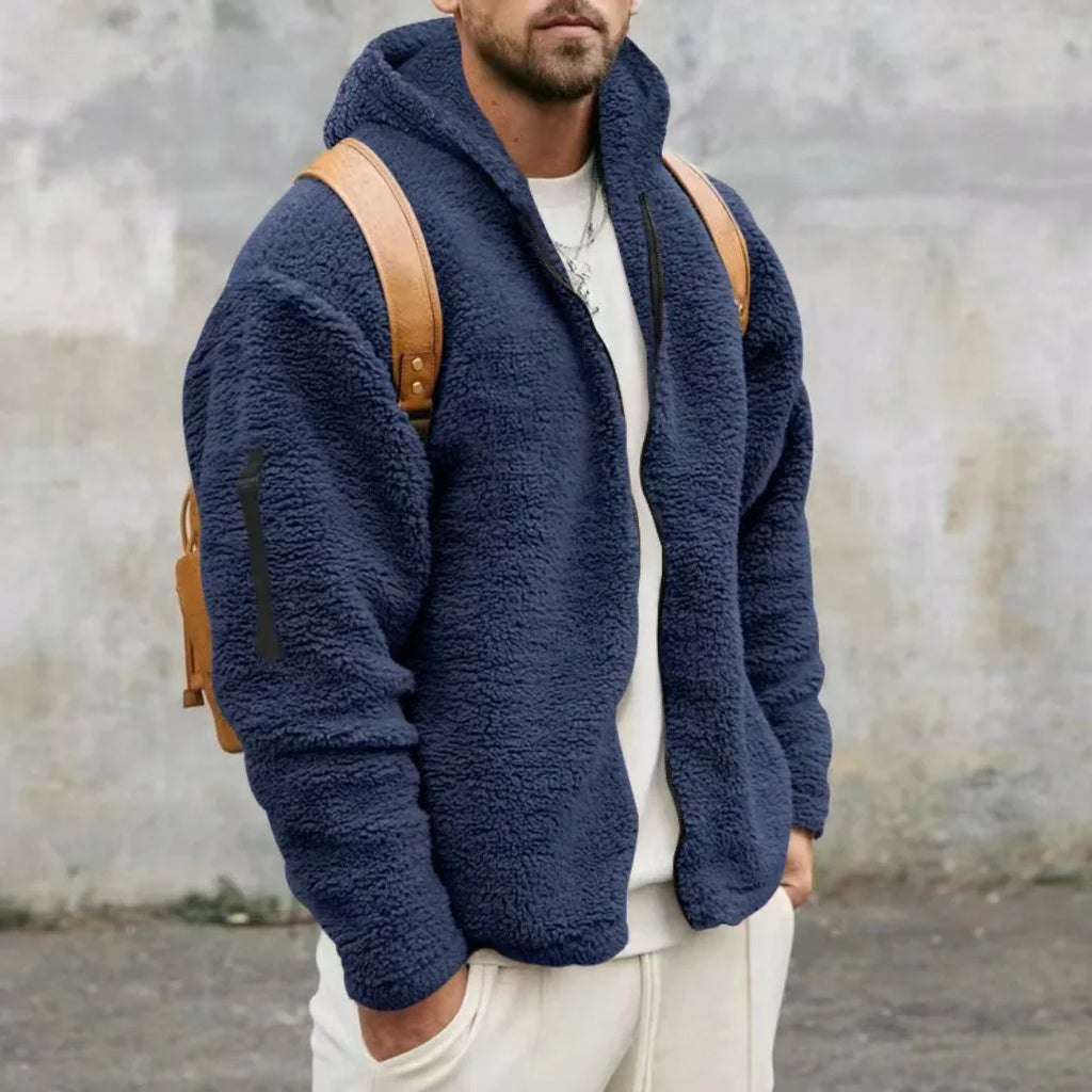 Men's textured hooded zip jacket with long sleeves and sleeve pocket