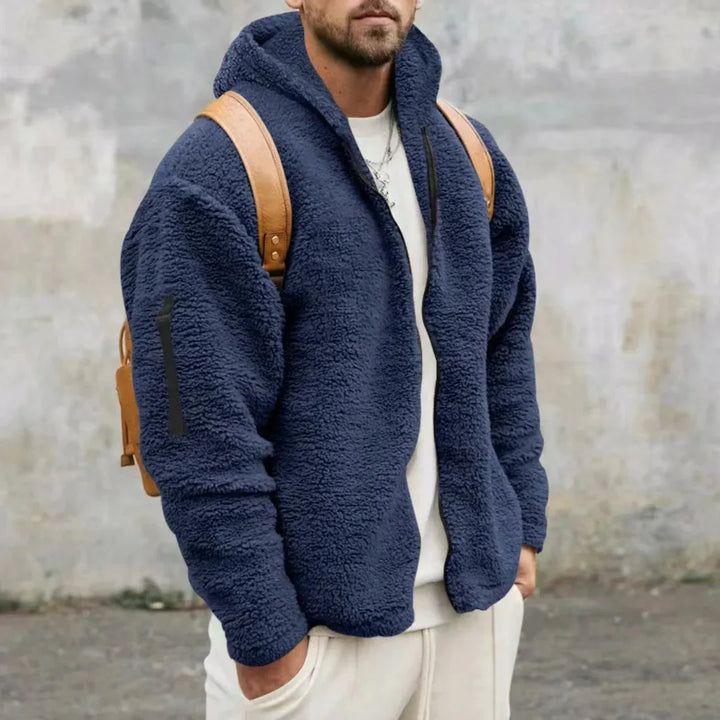 Men's textured hooded zip jacket with long sleeves and sleeve pocket