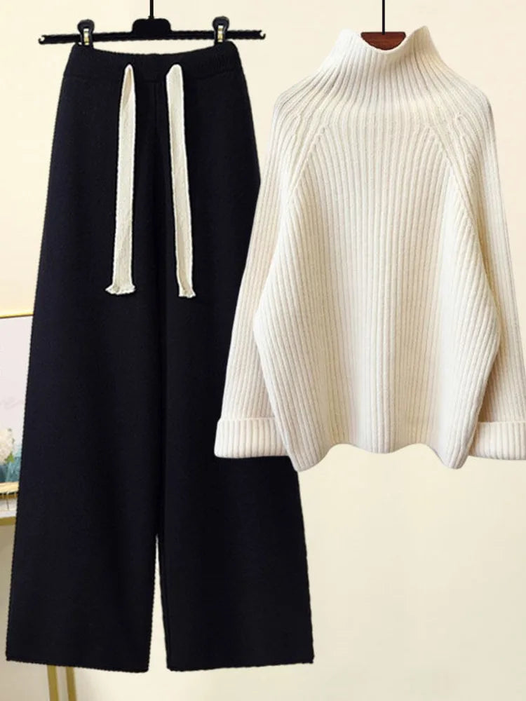 Women's ribbed knit set with turtleneck sweater and wide-leg trousers