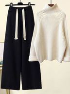 Women's ribbed knit set with turtleneck sweater and wide-leg trousers