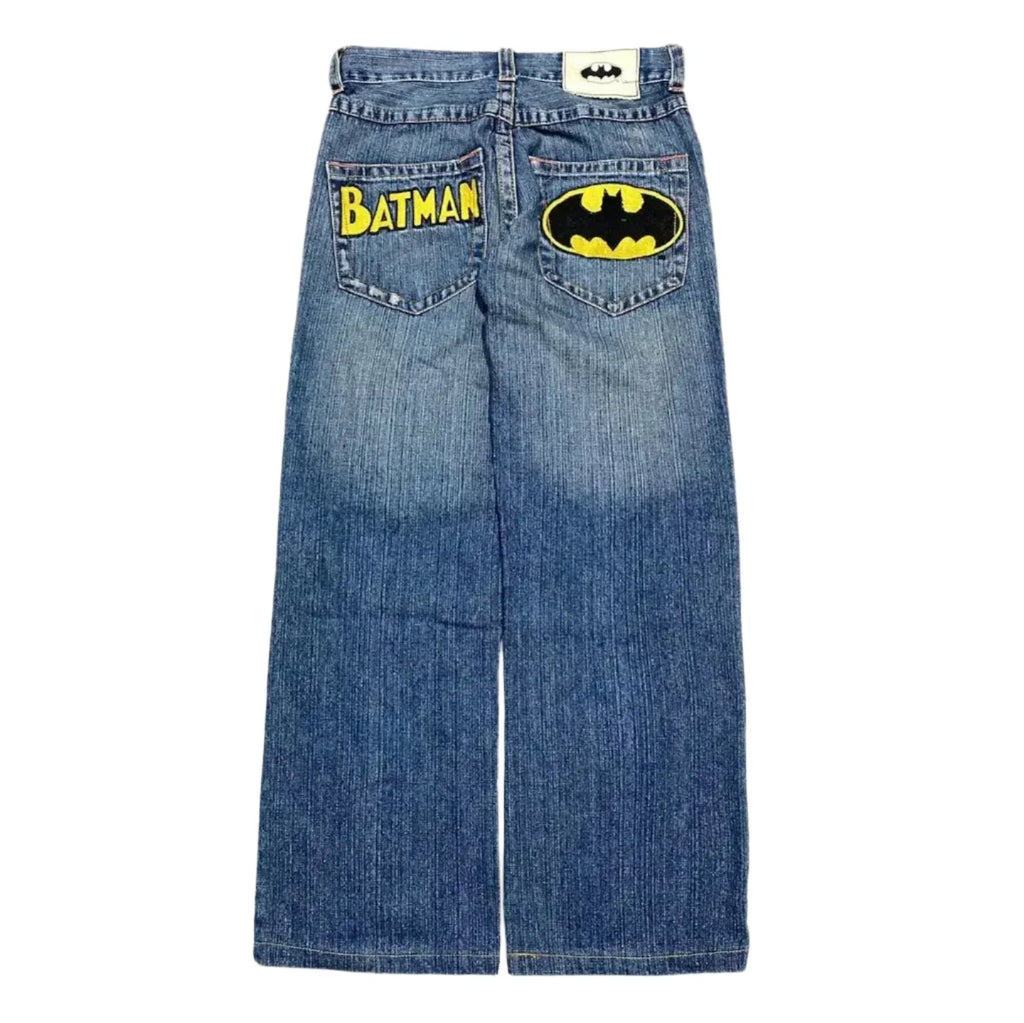 Blue Batman graphic jeans with wide legs and rear pocket patches