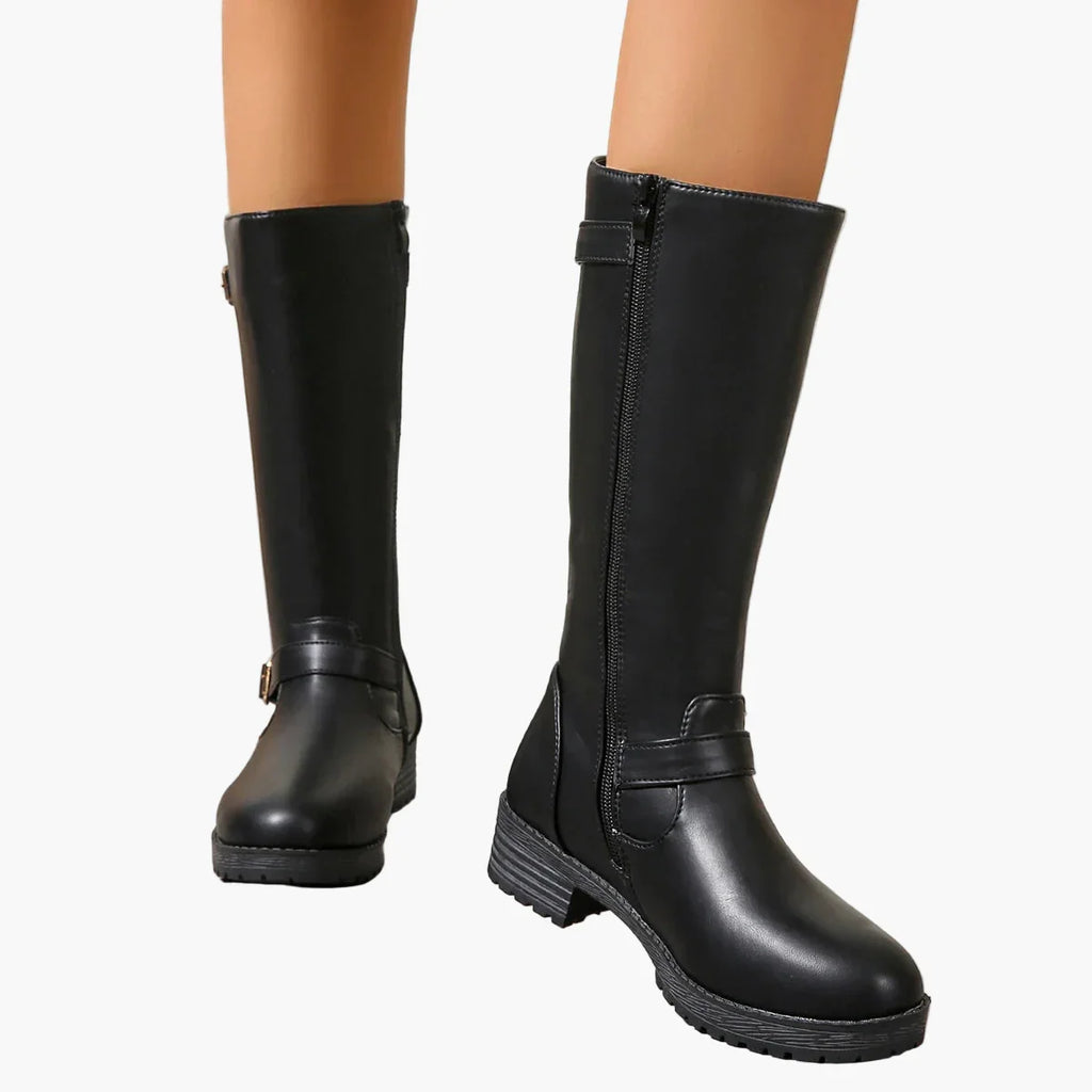 Women's black knee high boots with buckles and low heel