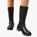 Women's black knee high boots with buckles and low heel