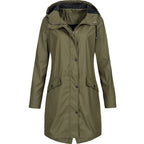 Women's hooded mid-length raincoat with long sleeves and front pockets