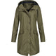 Women's hooded mid-length raincoat with long sleeves and front pockets