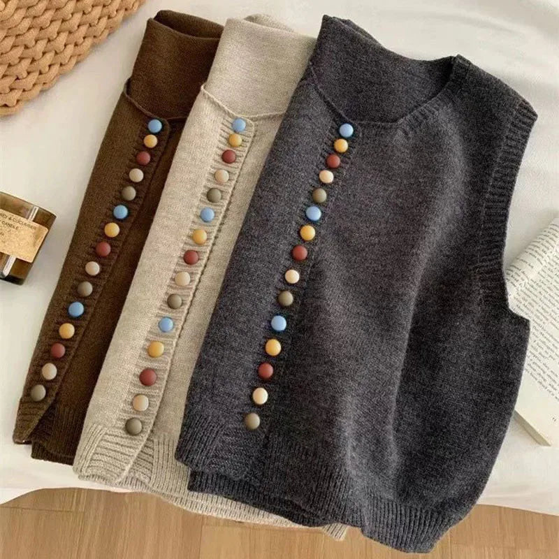 Sleeveless knit vest with scoop neck and multicolour front buttons