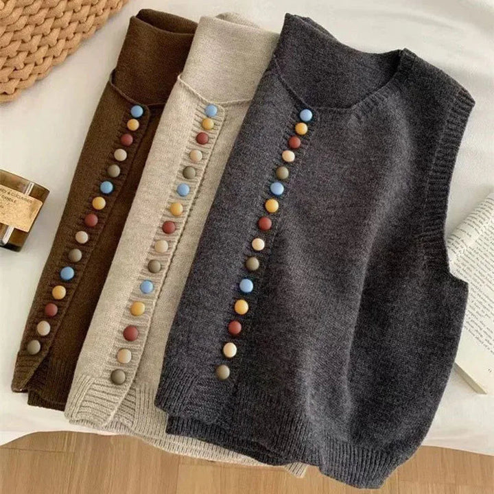 Sleeveless knit vest with scoop neck and multicolour front buttons