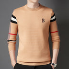 Men's crew neck sweater with striped long sleeves and ribbed trims