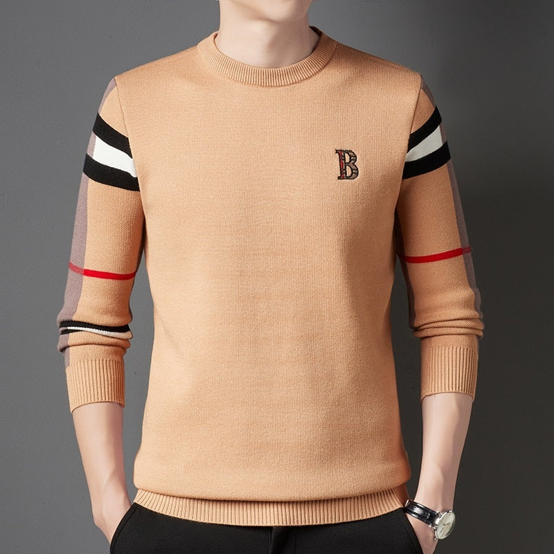 Men's crew neck sweater with striped long sleeves and ribbed trims