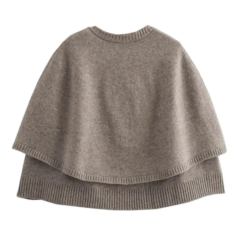 Women's grey knitted cape cardigan with buttons and ribbed trim
