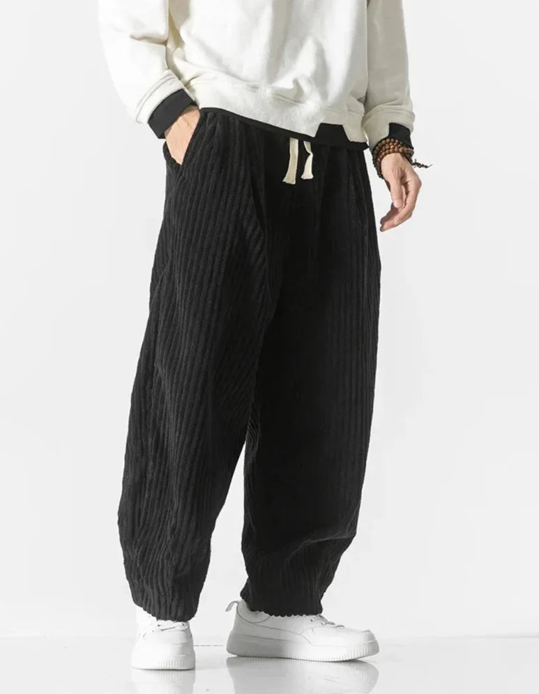 Men's wide-leg ribbed corduroy trousers with drawstring waist