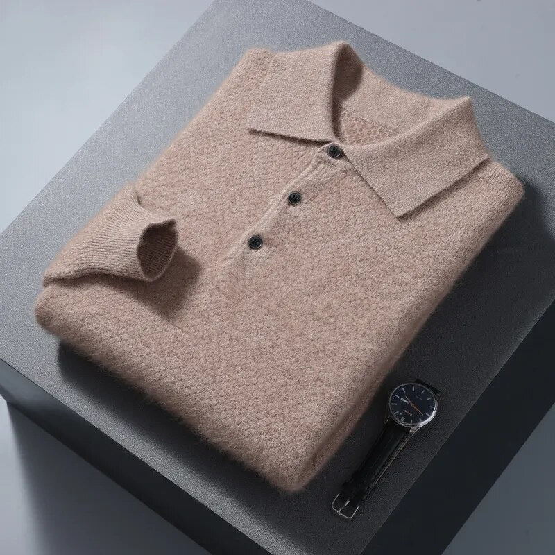 Men's textured polo sweater with collar and button placket