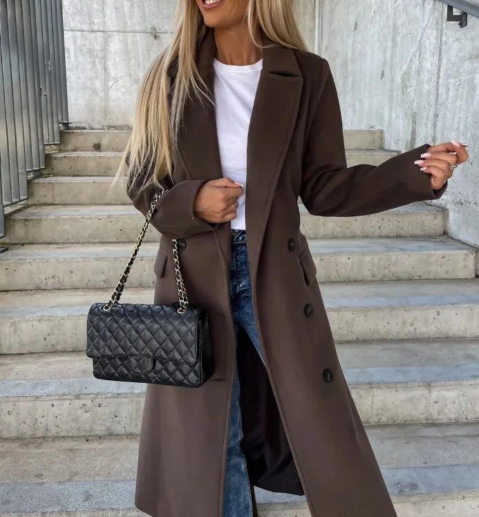Women's long belted trench coat with notched lapels and double-breasted buttons