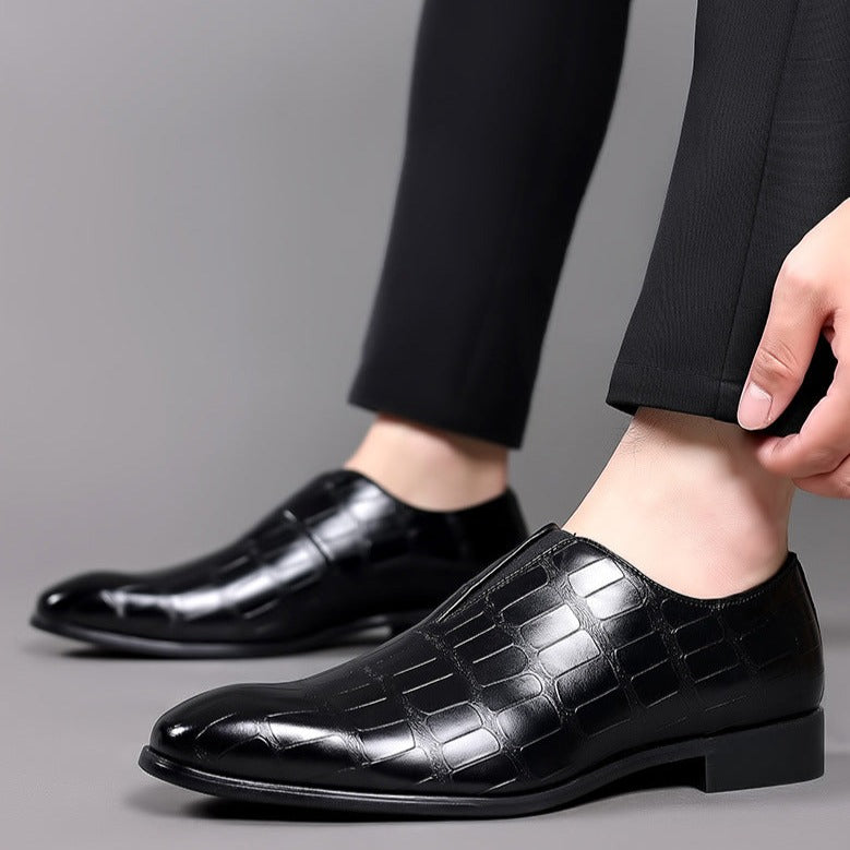 Men's glossy crocodile-effect slip-on loafers with a rounded toe and low block heel