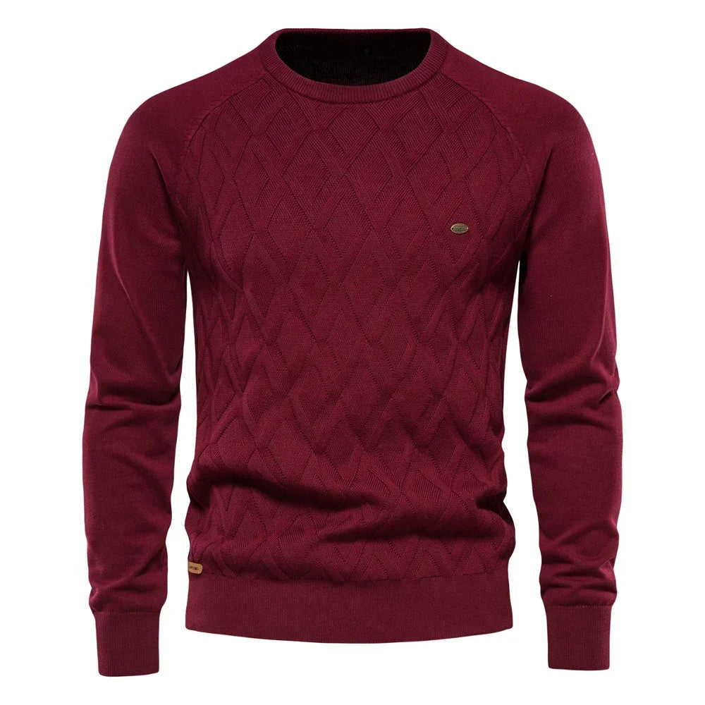 Men's argyle knit crew neck sweater with long sleeves and ribbed trims