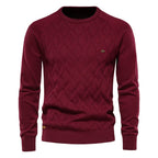 Men's argyle knit crew neck sweater with long sleeves and ribbed trims